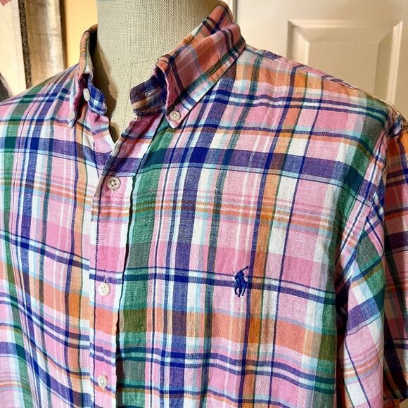 EEUC Men's Ralph Lauren Short Sleeve Plaid Linen Button Down Front Shirt Size XL - Picture 2 of 3